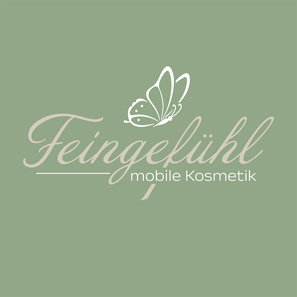 Logo von Feingefühl mobile Kosmetik mit Schmetterling auf grünem Hintergrund.