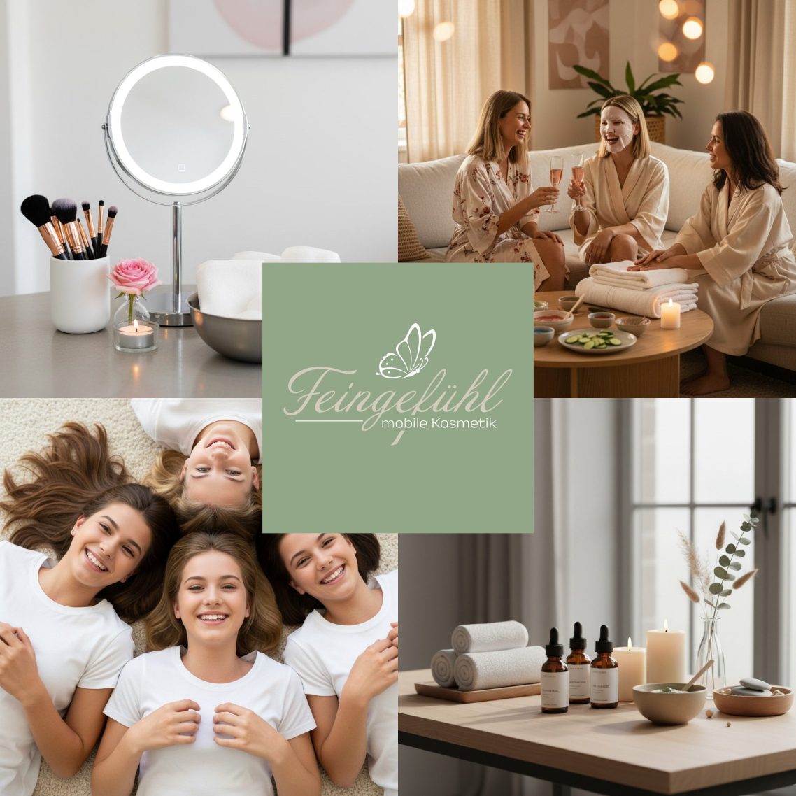 Collage mit Feingefühl mobile Kosmetik Logo: Kosmetik-Arbeitsplatz mit Spiegel und Pinseln, Freundinnen bei einem Beauty-Event.