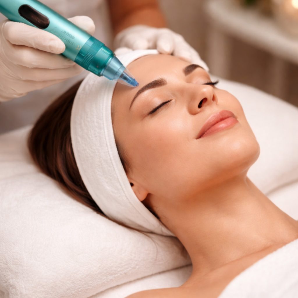 Microneedling Gesichtsbehandlung mit Dermapen bei Feingefühl mobile Kosmetik in Hünxe für ein verfeinertes Hautbild.